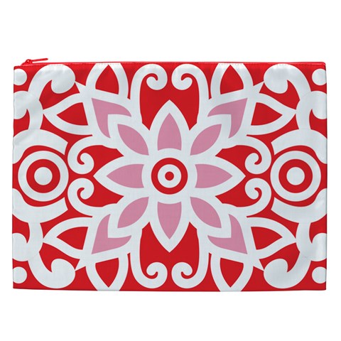 A Red And White Pattern With A Flower On It Cosmetic Bag (XXL) from ArtsNow.com Front