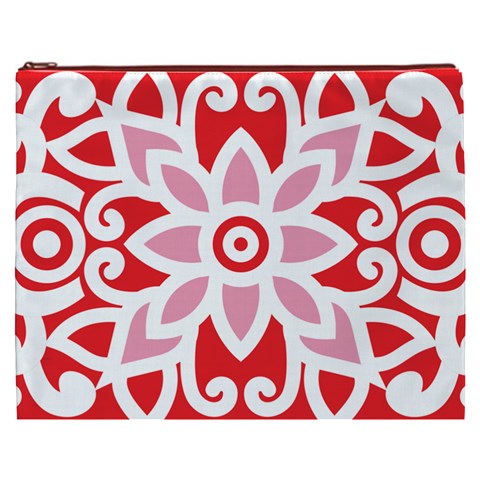 A Red And White Pattern With A Flower On It Cosmetic Bag (XXXL) from ArtsNow.com Front