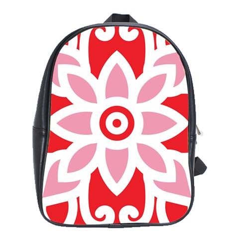 A Red And White Pattern With A Flower On It School Bag (XL) from ArtsNow.com Front