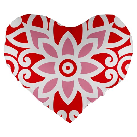 A Red And White Pattern With A Flower On It Large 19  Premium Heart Shape Cushions from ArtsNow.com Front