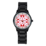 A Red And White Pattern With A Flower On It Stainless Steel Round Watch