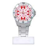 A Red And White Pattern With A Flower On It Plastic Nurses Watch