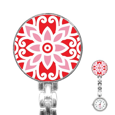 A Red And White Pattern With A Flower On It Stainless Steel Nurses Watch from ArtsNow.com Front