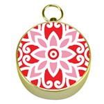 A Red And White Pattern With A Flower On It Gold Compasses