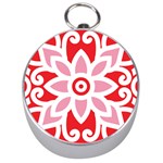 A Red And White Pattern With A Flower On It Silver Compasses