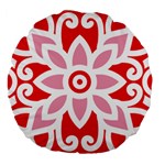 A Red And White Pattern With A Flower On It Large 18  Premium Flano Round Cushions