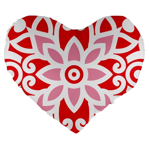 A Red And White Pattern With A Flower On It Large 19  Premium Flano Heart Shape Cushions from ArtsNow.com Front