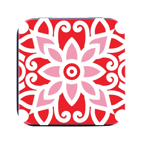 A Red And White Pattern With A Flower On It Square Metal Box (Black) from ArtsNow.com Front