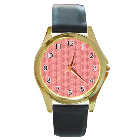 A Red And White Background With A Pattern Round Gold Metal Watch from ArtsNow.com Front