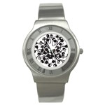 A Black And White Picture Of A Bunch Of Flowers Stainless Steel Watch