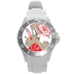 A Design Of A Red Flower On A White Background Round Plastic Sport Watch (L)