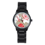 A Design Of A Red Flower On A White Background Stainless Steel Round Watch