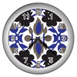 A Design Of A Blue And Black Flower Wall Clock (Silver)