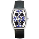 A Design Of A Blue And Black Flower Barrel Style Metal Watch