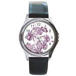 A Drawing Of A Plant With Purple Flowers Round Metal Watch