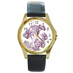 A Drawing Of A Plant With Purple Flowers Round Gold Metal Watch