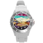 Vibrant Sunset Over Serene Lake Round Plastic Sport Watch (L)