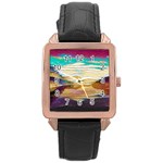 Vibrant Sunset Over Serene Lake Rose Gold Leather Watch 