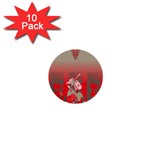 A Red And Beige Scarf With A Picture Of A Woman Holding A Tennis Racket 1  Mini Buttons (10 pack) 