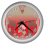 A Red And Beige Scarf With A Picture Of A Woman Holding A Tennis Racket Wall Clock (Silver)