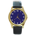 A Blue Background With A Clock On It Round Gold Metal Watch