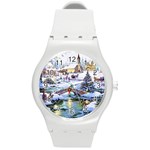 Icy Lights, Art, Christmas, Houses Round Plastic Sport Watch (M)