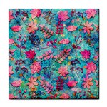 Pink On Blue Leaves Tile Coaster