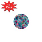 Pink On Blue Leaves 1  Mini Buttons (10 pack) 