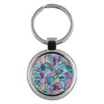 Pink On Blue Leaves Key Chain (Round)