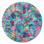 Pink On Blue Leaves Magnet 5  (Round)