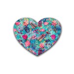 Pink On Blue Leaves Rubber Coaster (Heart)