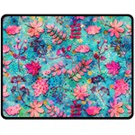 Pink On Blue Leaves Fleece Blanket (Medium)