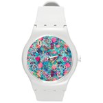 Pink On Blue Leaves Round Plastic Sport Watch (M)