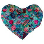 Pink On Blue Leaves Large 19  Premium Heart Shape Cushions