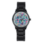 Pink On Blue Leaves Stainless Steel Round Watch