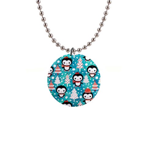 Blue Penguin Pattern, Adoxali, Christmas, Cute 1  Button Necklace from ArtsNow.com Front