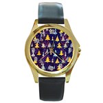 Gold And Blue Trees, Adoxali, Christmas Round Gold Metal Watch