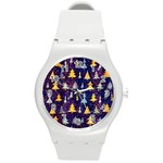 Gold And Blue Trees, Adoxali, Christmas Round Plastic Sport Watch (M)