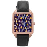 Gold And Blue Trees, Adoxali, Christmas Rose Gold Leather Watch 