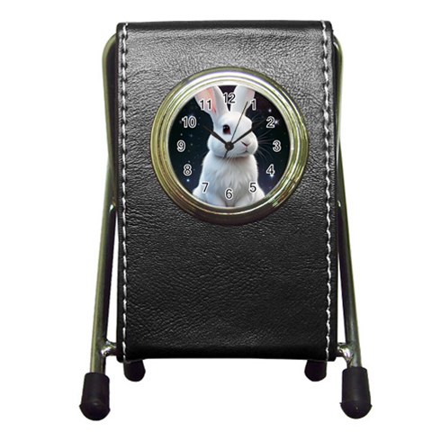 White bunny Pen Holder Desk Clock from ArtsNow.com Front