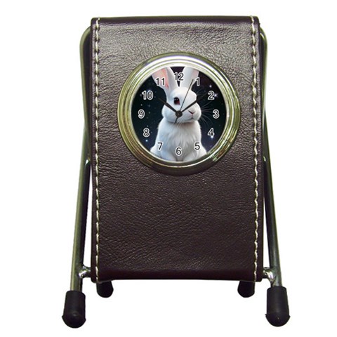 White bunny Pen Holder Desk Clock from ArtsNow.com Front