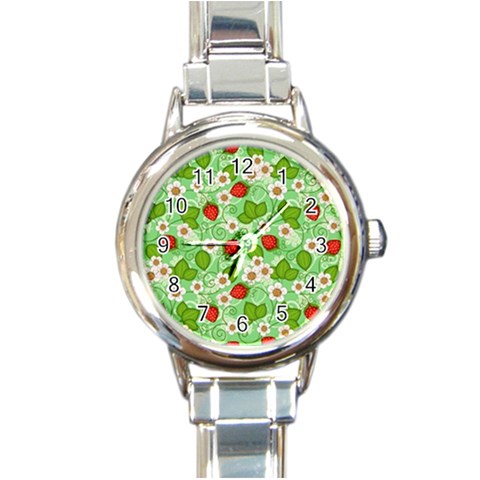 Strawberries Pattern Seamless Round Italian Charm Watch from ArtsNow.com Front