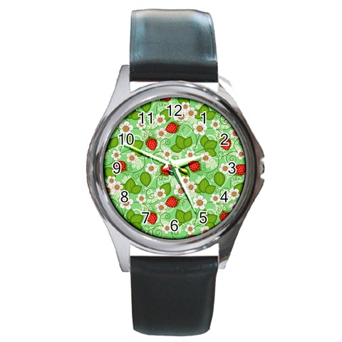 Strawberries Pattern Seamless Round Metal Watch from ArtsNow.com Front