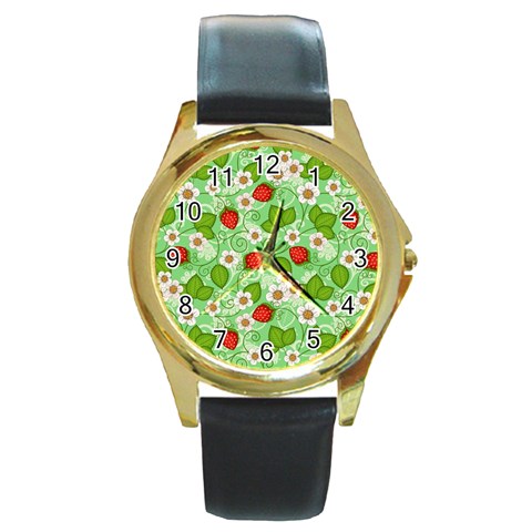 Strawberries Pattern Seamless Round Gold Metal Watch from ArtsNow.com Front