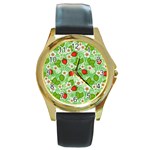 Strawberries Pattern Seamless Round Gold Metal Watch