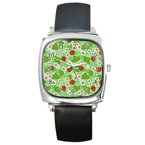 Strawberries Pattern Seamless Square Metal Watch from ArtsNow.com Front