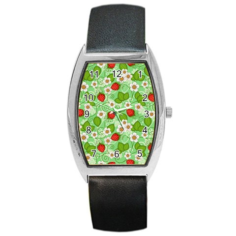 Strawberries Pattern Seamless Barrel Style Metal Watch from ArtsNow.com Front