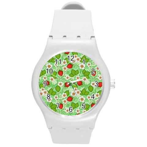 Strawberries Pattern Seamless Round Plastic Sport Watch (M) from ArtsNow.com Front