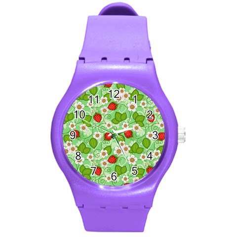 Strawberries Pattern Seamless Round Plastic Sport Watch (M) from ArtsNow.com Front