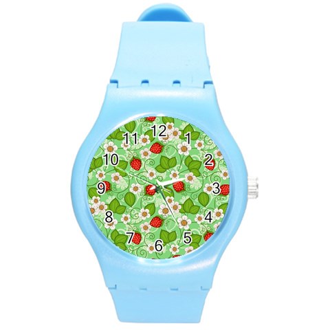 Strawberries Pattern Seamless Round Plastic Sport Watch (M) from ArtsNow.com Front